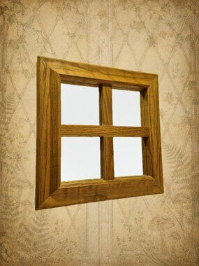 Vintage Solid Oak Square Wall Mirror 15" x 15" with 4 Window Panes
